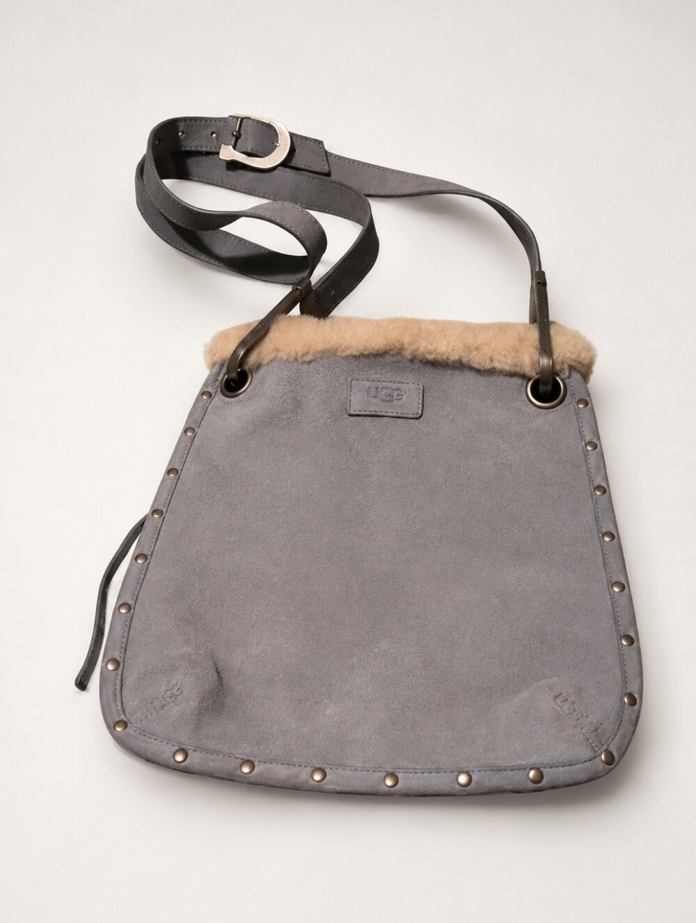 UGG Australia Kalie Blue Suede & Sheepskin Messenger Shoulder Bag Studded Cross